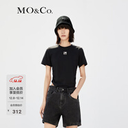 MO&Co.【涼感】個(gè)性膠章短袖圓領(lǐng)抽褶短款截短T恤上衣上裝摩安珂 黑色 M 165