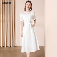 歐迪鳥(niǎo)氣質(zhì)法式苧麻連衣裙女夏季2025新款短袖鏤空繡花顯瘦白色裙子 白色 M