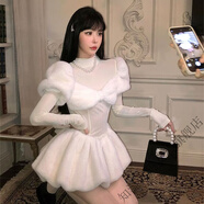 知溫甜美軟妹毛毛拼接半高領(lǐng)公主連衣裙2026秋冬收腰顯瘦花苞短裙 白色 L 115到125體重