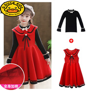 G.duck女童連衣裙春秋2024新款背心冬季套裝毛呢裙子洋氣兒童公主裙冬裝 M-6611紅色背心裙夾棉+黑毛衣 150 cm