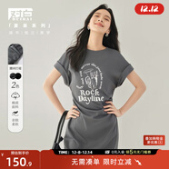 對白時(shí)尚印花半袖連衣裙女2025夏季新款黑色收腰開(kāi)叉別致褶皺裙子 石墨灰 XL