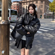 韓式立領(lǐng)Pu皮棉大衣冬季女士加厚寬松設計超大面包大衣棉夾克時(shí)髦 經(jīng)典黑色 經(jīng)典黑色 S 90-115斤