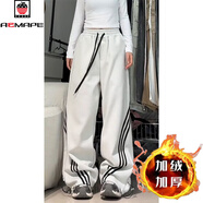 AEMAPE加絨新款條紋運動(dòng)褲女美式復古設計2025秋冬潮流寬松休閑闊腿衛褲 白灰色【加絨款】 XL 建議125-140斤