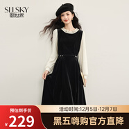 熙世界（sllsky）黑天鵝小香風(fēng)公主裙假兩件絲絨連衣裙小個(gè)子秋冬法式赫本收腰裙子 赫本黑 2XL