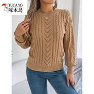 啄木鳥(niǎo)（TUCANO）實(shí)拍秋冬歐美休閑純色鏤空燈籠袖套頭毛衣 獨立站跨境歐美女裝 卡其色 XL