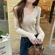 JTTCAC日本韓系早秋穿搭v領(lǐng)毛衣修身打底衫女裝秋冬內搭針織衫長(cháng)袖上衣 燕麥色 M 96-105