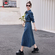 AEMAPE2025春秋冬新款過(guò)膝長(cháng)袖連衣裙女復古高個(gè)子氣質(zhì)收腰牛仔襯衣長(cháng)裙 藍色 L