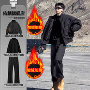 主意范（ZHUYIFAN）夾克男三防飛行秋冬加絨加厚整套棒球服羽絨外套短款工裝沖鋒衣潮 黑色棉服+黑色內搭+黑色加絨牛仔褲 L 110-130斤