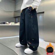 麥科貝爾（maycobell）男童加絨褲子2025秋冬新款寬松復古拼接闊腿休閑長(cháng)褲子冬季外穿潮 藏青色-加絨 120 碼 旗艦正品 褲長(cháng)67CM左右