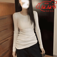 泡普印像家正肩長(cháng)袖打底T恤女秋冬磨毛圓領(lǐng)內搭修身收腰長(cháng)款春秋高腰 白色 S _80-95斤