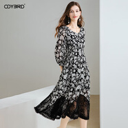 歐迪鳥(niǎo)（ODYBIRD）設計感印花連衣裙女秋季2025新款優(yōu)雅氣質(zhì)拼接七分袖收腰裙子 花色 S