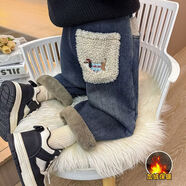 愛(ài)莉安娜童裝童褲女童一體絨牛仔褲秋冬款新款兒童加絨褲子女孩直筒褲 圖片色 90 cm