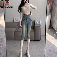 AEMAPE牛仔褲女2025春秋冬季新款加絨排扣高腰小腳三?？蹥赓|(zhì)顯瘦休閑 懷舊藍單款  XL _建議121-135斤