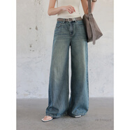 OLOEY國際一線(xiàn)品牌藍色復古微彈闊腿牛仔褲女季寬松直筒拖地長(cháng)褲 復古藍 S