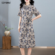 歐迪鳥(niǎo)天絲亞麻連衣裙女2025夏季新款今年流行爆款高端氣質(zhì)印花襯衫裙子 花色 2XL