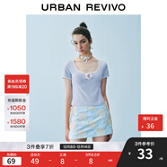 UR2025秋季新款女裝時(shí)尚撞色蝴蝶結系帶修身短袖T恤UYY450123 淡藍 XL