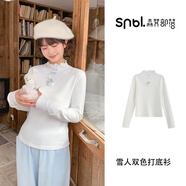 森女部落原創(chuàng  )小雪人刺繡長(cháng)袖T恤女新款百搭半高領(lǐng)打底衫冬季上衣 白色上衣 單件 單件 S 模特碼