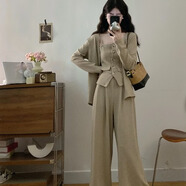 大碼女裝胖mm新款氣質(zhì)韓系休閑開(kāi)衫+修身抹胸吊帶+闊腿褲套裝女 燕麥色(版) 3XL (160-180斤)