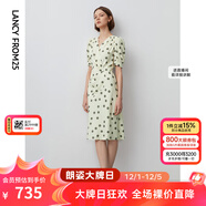 朗姿氣質(zhì)V領(lǐng)復古波點(diǎn)印花泡泡袖連衣裙年春新款法式中長(cháng)款裙子 米白色 2XL