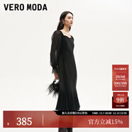 VEROMODA連衣裙秋季女裝新款天鵝絨拼接網(wǎng)紗魚(yú)尾長(cháng)裙鉆石領(lǐng)東方簡(jiǎn)奢風(fēng) 紗袖絲絨裙-黑色 S