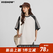 viishow學(xué)院風(fēng)落肩袖條紋短袖t恤男夏季國潮街頭上衣半袖百搭潮牌 灰杏拼色 S