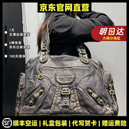 MOSPOKE禮物輕奢品牌真皮包包女包辣妹水洗多口袋做舊機車(chē)包大容量單肩包 復古黑【精美禮盒+禮袋】 標準【精美禮盒+禮袋】