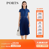 PORTS寶姿女裝春夏新款通勤襯衫領(lǐng)拼接百褶收腰短袖中長(cháng)連衣裙 丈青-1 L (8)