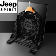 JEEP SPIRIT國際品牌2025秋冬季男士圓領(lǐng)衛衣金絲絨印花燙鉆打底衫長(cháng)袖T.恤男 黑色加.絨 3XL 165-185斤