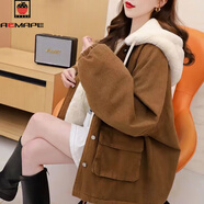 AEMAPE加絨加厚連帽牛仔外套2025新款秋冬季韓版時(shí)尚百搭寬松慵懶風(fēng)上衣 咖啡色 S 建議體重85-100斤