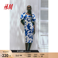 H&M女士花卉連衣裙秋季氣質(zhì)修身歐根紗五分袖燈籠袖連身裙1238363 白色/藍色圖案 170/116 XL