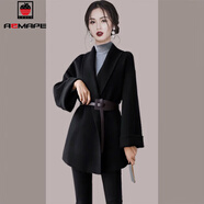 AEMAPE毛呢大衣女2025冬季新款時(shí)尚大袖呢子外套設計系帶顯瘦中長(cháng)款上衣 黑色腰帶_有內里  加厚 M