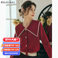 Olrain歐芮兒大翻領(lǐng)毛衣女春裝新款復古泡泡袖上衣 紅色 S