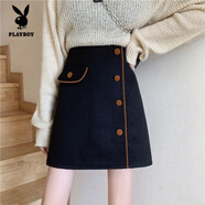 花花公子（PLAYBOY）2025秋冬新款毛呢高腰不規則半身裙女單排扣顯瘦a字裙大碼短裙女 黑色 自帶安全褲 M 建議95-105斤