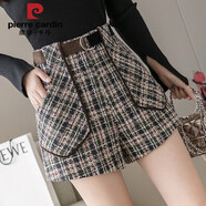皮爾卡丹格子毛呢短褲女秋冬2025新款高腰韓版顯瘦百搭休閑闊腿褲外穿靴褲 杏綠色 S 1尺8-1尺9