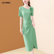歐迪鳥(niǎo)設計感氣質(zhì)優(yōu)雅連衣裙女2024夏季新款荷葉邊釘珠收腰顯瘦裙子 薄荷綠 M