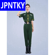 JPNTKY新款軍旅舞蹈演出服飾彈力布料連體套裝男女兵現代舞軍綠裝演出 軍綠色 軍綠+黃條 S 160