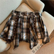 茶小阿復古格子不規則半身裙打底裙秋冬新款時(shí)尚百搭修身顯瘦短裙 卡其 M 95--109