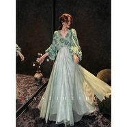 三吉黑花【上喜】新中式蕾絲網(wǎng)紗秋冬裝連衣裙子連身長(cháng)裙超好看的 薄荷綠 S