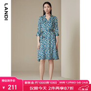 藍地新款孔雀藍印花七分袖碎花連衣裙女高腰a字中長(cháng)裙春夏 孔雀藍 M