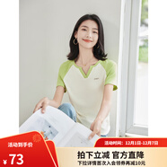 歐莎（OSA）秋新款美式插肩短袖T恤女拼接撞色v領(lǐng)顯瘦復古內搭上衣 綠色 S
