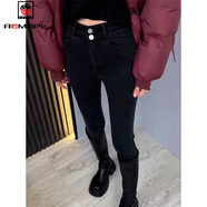 AEMAPE黑灰色加絨牛仔褲女2026春秋冬高腰新款修身靴褲緊身小腳鉛筆褲子 黑色-長(cháng)褲 27 (建議98-105斤)