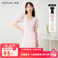 西遇V領(lǐng)泡泡袖連衣裙女2025年早夏新款法式褶皺收腰修身包臀裙子 粉色 XL