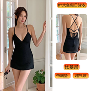 深v連衣裙黑色綁帶性感深V連體裙式三角露背大小胸ins甜辣妹風(fēng)游 黑色 L (160-165)建議10c