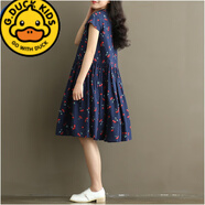 G.duck女大童連衣裙12-15歲夏裝胖女孩13寬松加肥加大碼初中生碎花裙子9 藏青色 S【建議體重65-85斤】