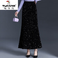 啄木鳥(niǎo)（TUCANO）酒紅色絲絨亮片半身裙女春秋新款高腰顯瘦氣質(zhì)長(cháng)款時(shí)尚a字魚(yú)尾裙 黑色 均碼