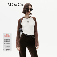 MO&Co.水漿星星圖案美式撞色插肩袖長(cháng)袖圓領(lǐng)短款棉質(zhì)彈力T恤摩安珂 杏黃色-第2批 M 165