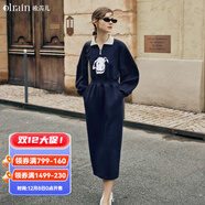Olrain歐芮兒Polo連衣裙女裝秋季收腰趣味卡通印花衛衣裙子 藏青色 S