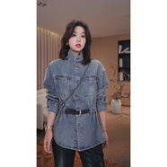 GZQJ【馭風(fēng)者】加磨毛設計師時(shí)尚立領(lǐng)收腰牛仔襯衫女冬款上衣女 09093 藍色 38  建議120-140斤