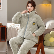 特絲格斯（TSGS）睡衣女冬季加厚套裝珊瑚絨三層夾棉衣加絨加大碼法蘭絨保暖家居服 香草綠 L 身高158內體重105斤內