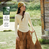 Olrain歐芮兒不對稱(chēng)斜肩修身顯瘦長(cháng)袖T恤女裝春季新款打底衫上衣 黃色 S